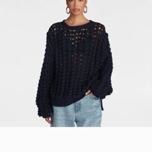 Open-Knit Chunky Crewneck Sweater - Navy